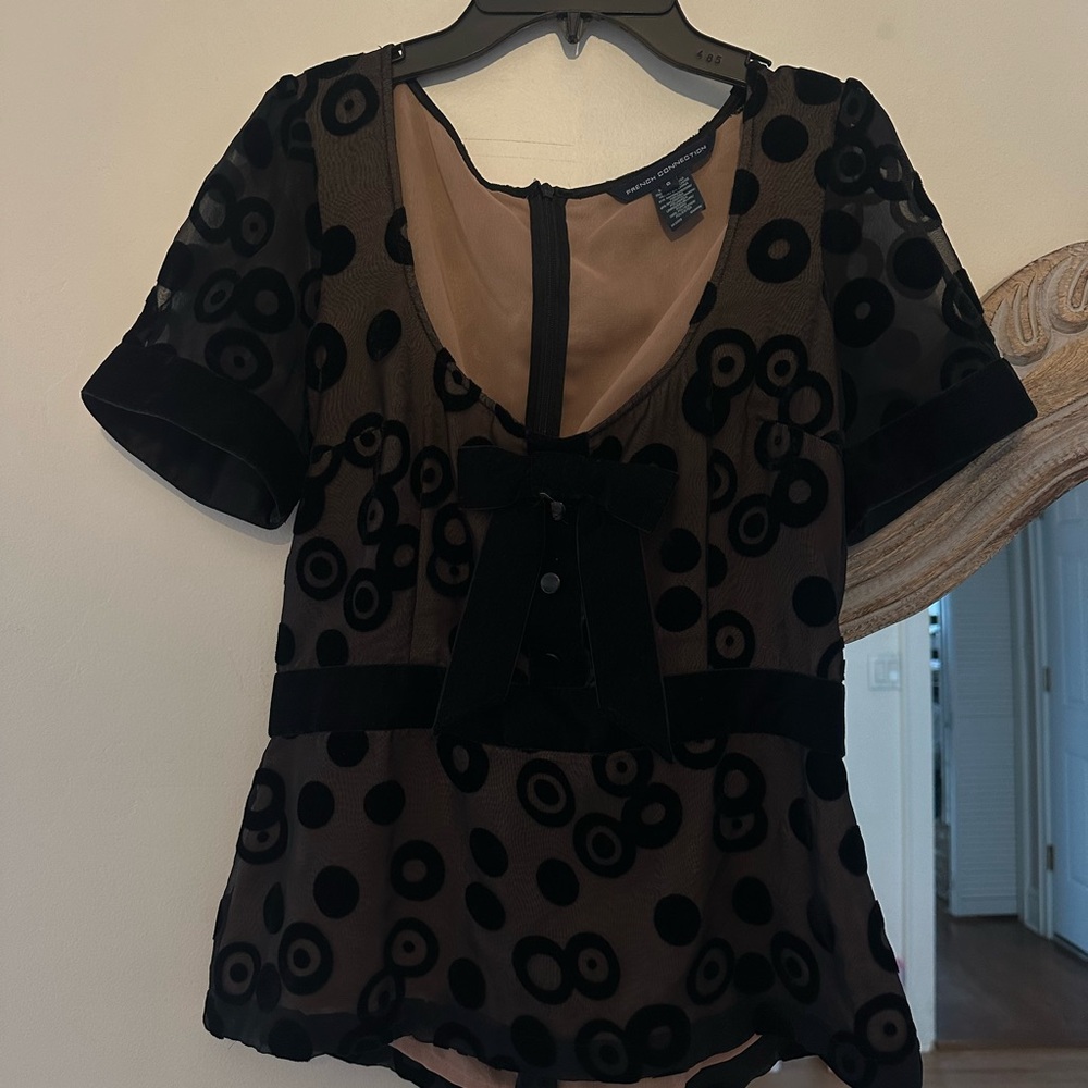 Black French Connection Blouse with Nude Lining and Bow Detail